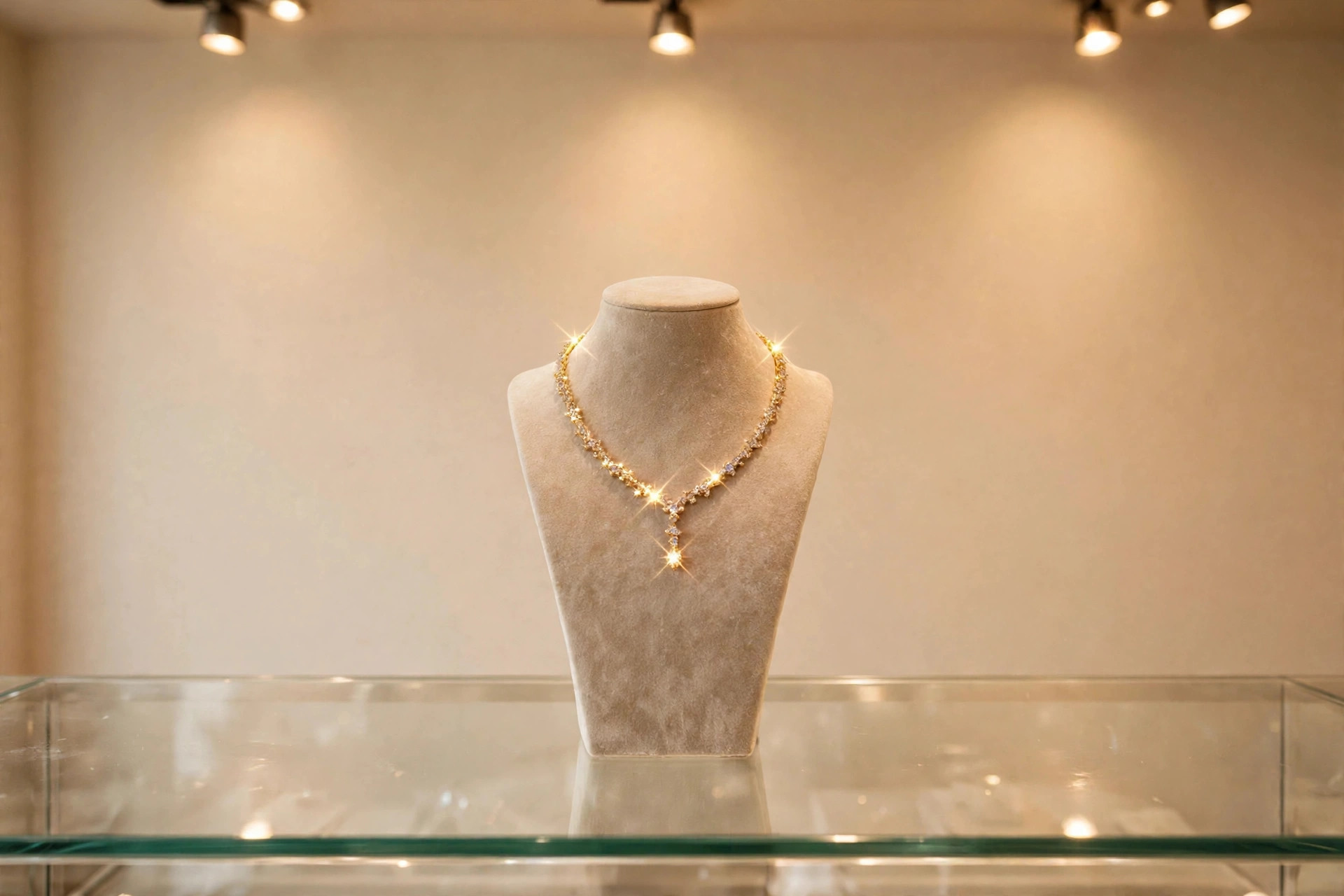 Gleaming, stunning new gold necklace on a display stand