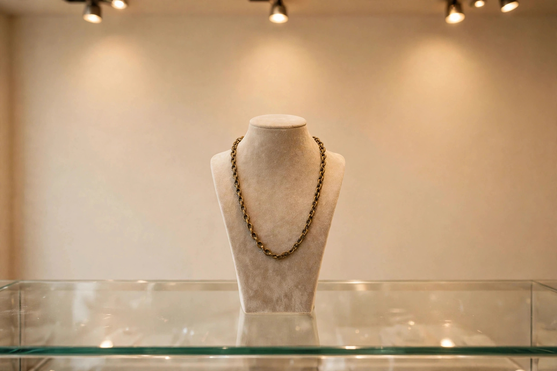 Dull, tarnished old gold necklace on a display stand